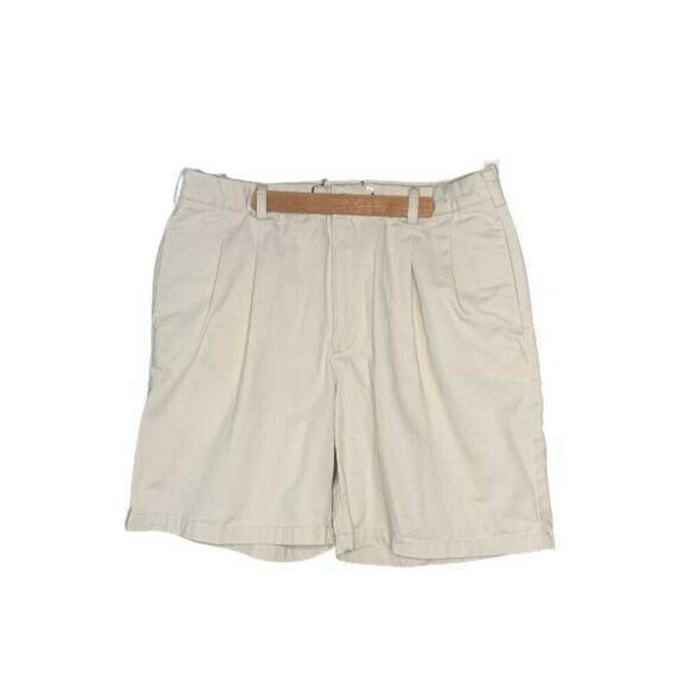 Izod Golf Shorts Mens 36 Ivory Pleated Front Belted Pockets Cotton Off White Tan